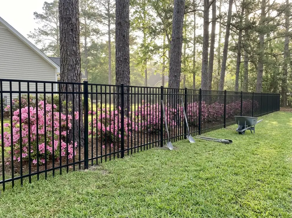 A black flat-top aluminum fence with two rails along a backyard lawn edged by azaleas