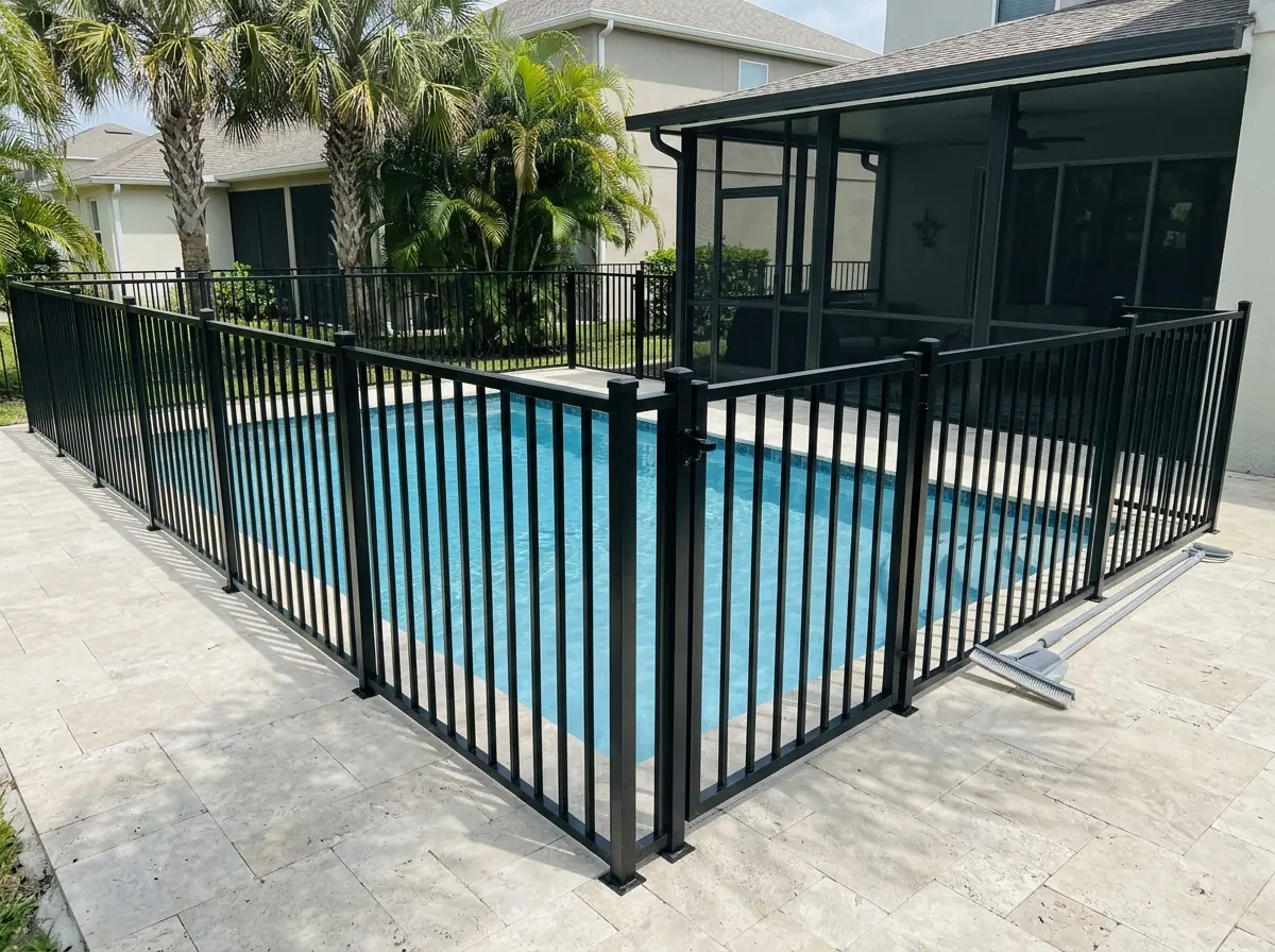 A black aluminum pool fence with a self-closing gate around an in-ground pool with a stone deck
