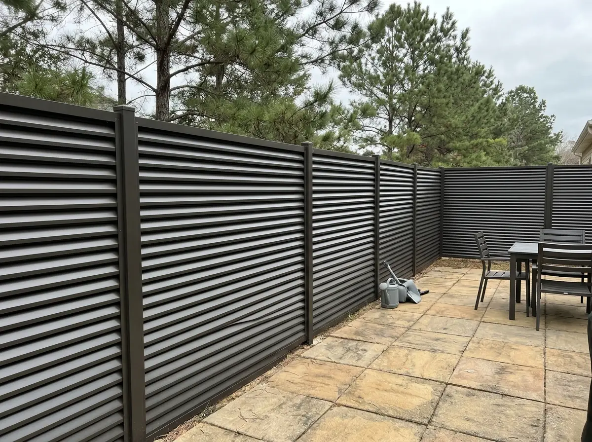 A dark bronze aluminum privacy fence with tight horizontal slats beside a paver patio