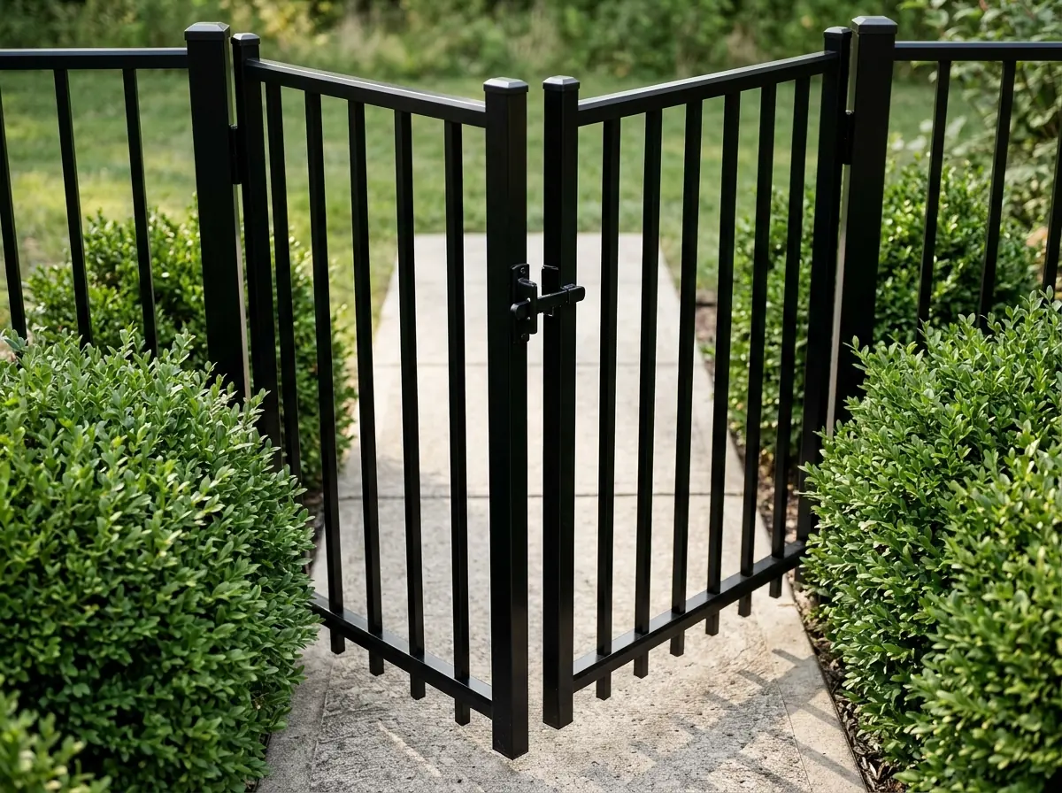 A black aluminum walk gate with a gravity latch set into a matching aluminum fence