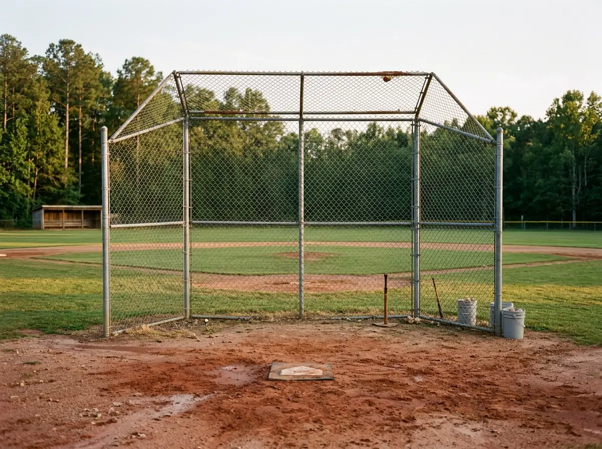 Tall chain link baseball backstop behind home plate on a red clay infield