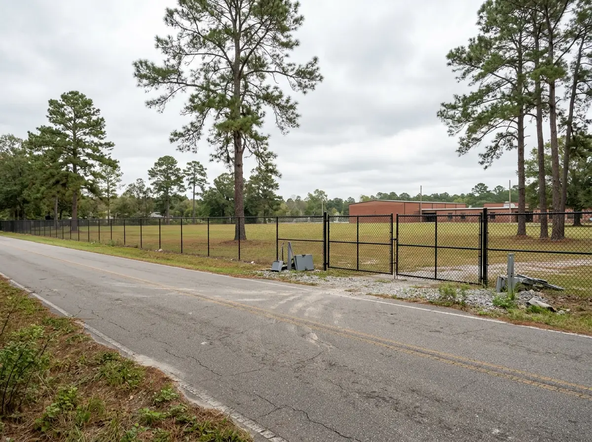 Black chain link perimeter fence along a school ballfield next to a quiet road with pines