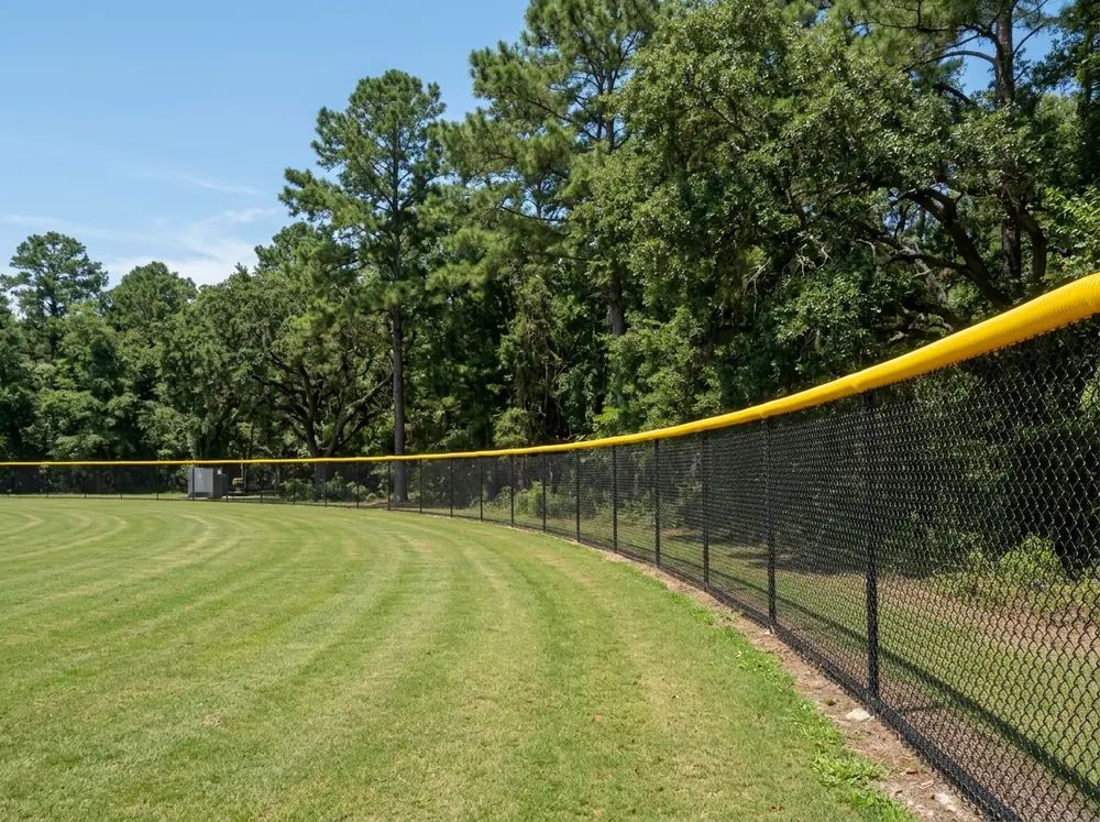 Black chain link outfield fence with a yellow top cap around a grass ballfield