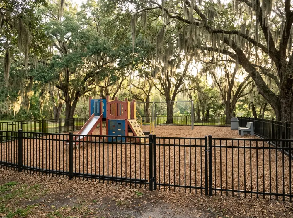 Black aluminum fence with a self-closing gate around a playground with mulch and shade trees