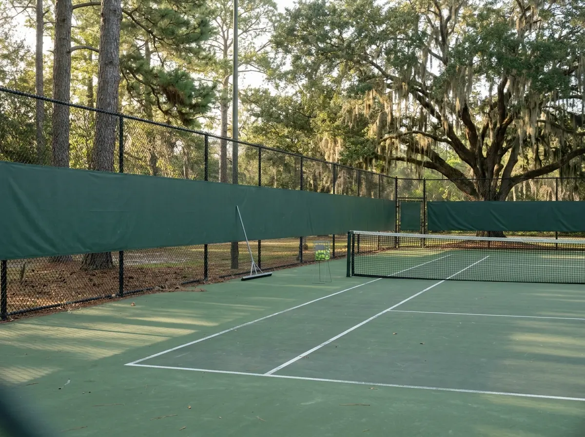 Tall black chain link court fence with green windscreen around a tennis court
