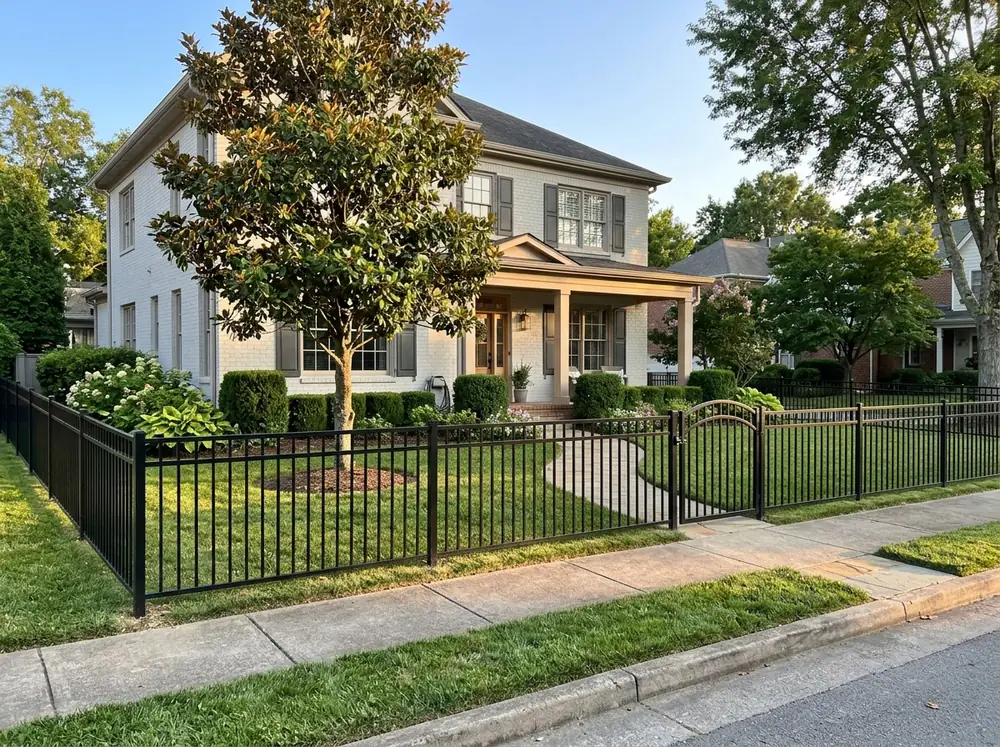 A black aluminum picket fence with an arched walk gate in front of a brick home with boxwoods and a magnolia