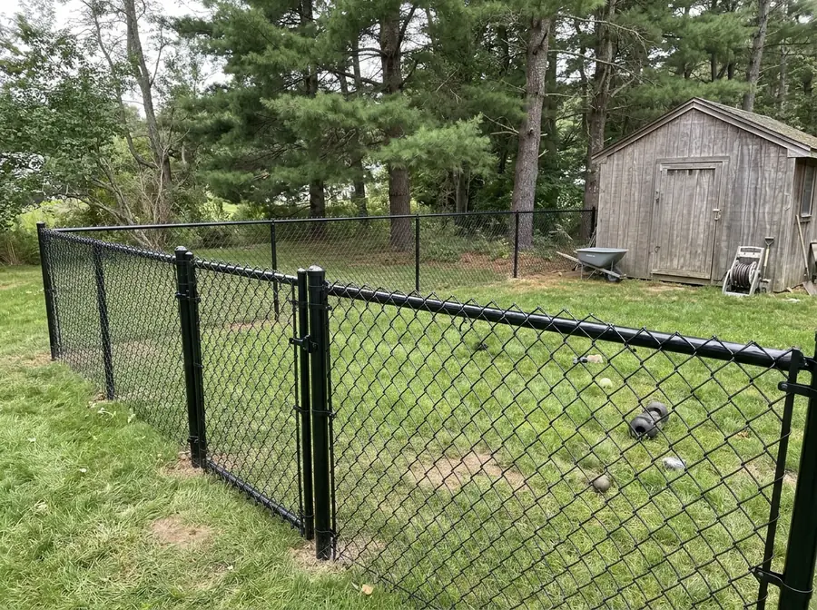 A black vinyl-coated chain link fence around a grassy side yard with a shed and pines behind