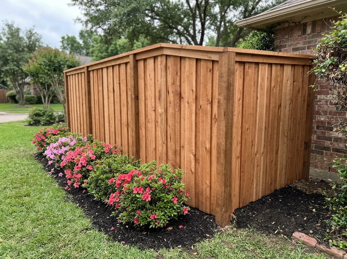 A new board-on-board cedar privacy fence with a top cap behind a bed of azaleas