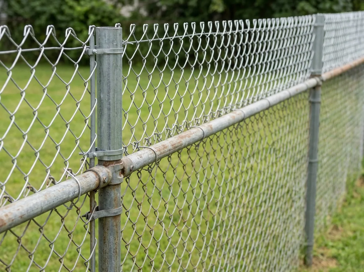 An existing chain link fence made taller with post extensions and a new strip of mesh on top