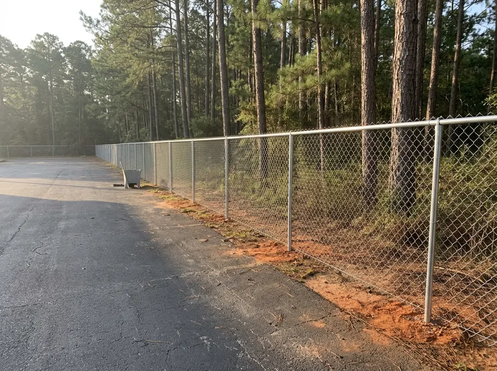Tall galvanized chain link fence along the edge of a business parking lot with pines behind