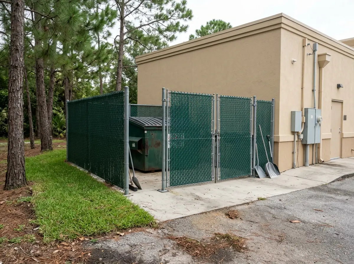 Three-sided dumpster enclosure with a pair of slatted gates behind a small retail building