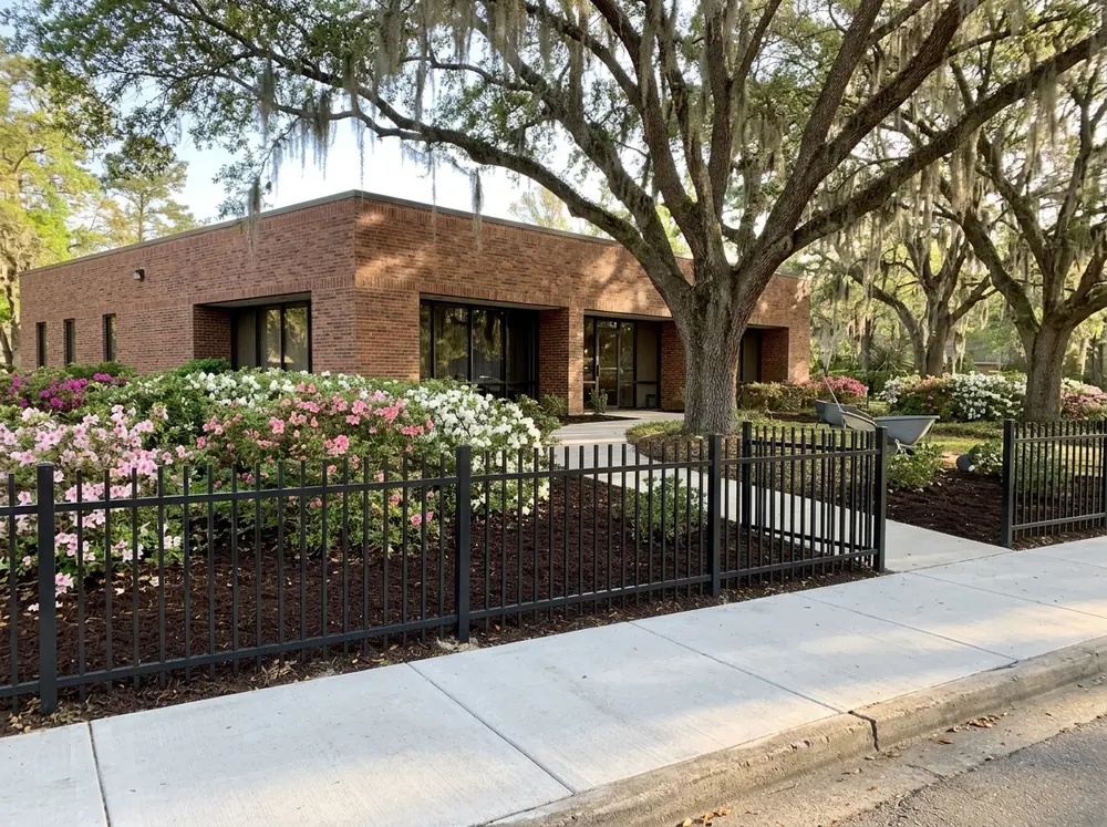 Black ornamental steel fence in front of a brick office building with a landscaped bed