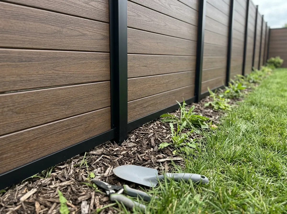 Brown composite fence boards held in black aluminum posts and a slim bottom rail