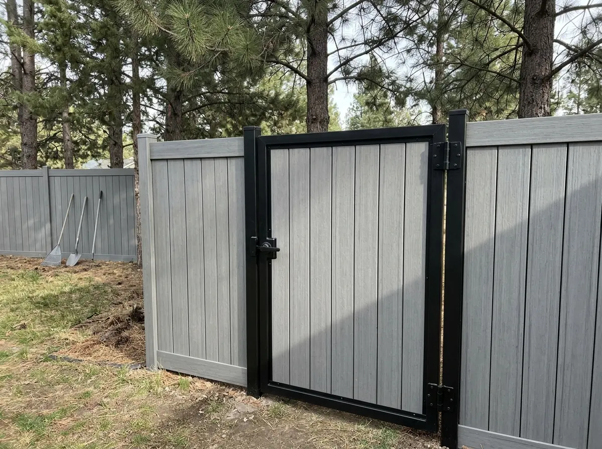 A composite fence gate in a black metal frame with a lever latch and heavy hinges