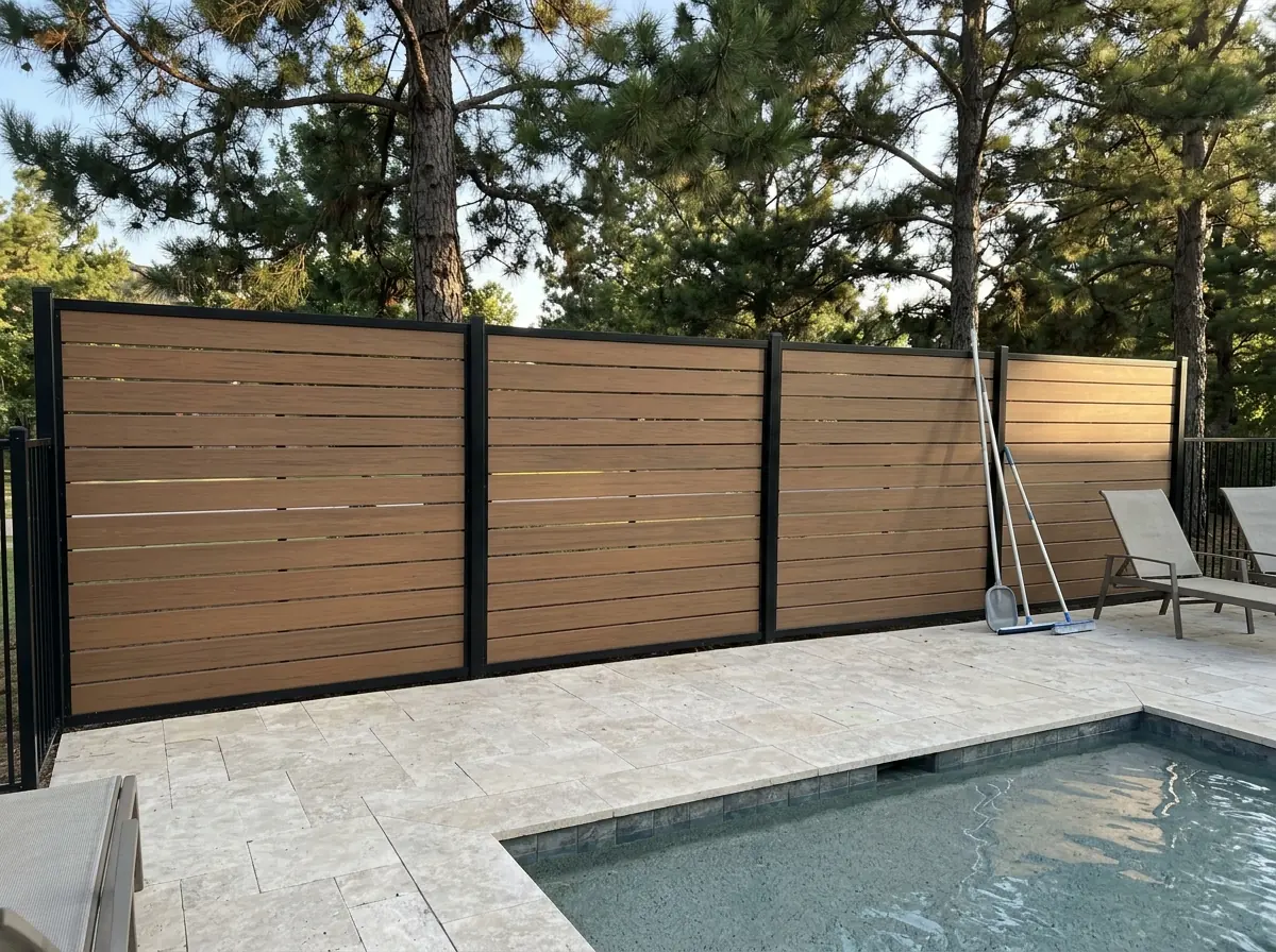 A warm brown composite fence with horizontal planks and narrow gaps behind a pool deck