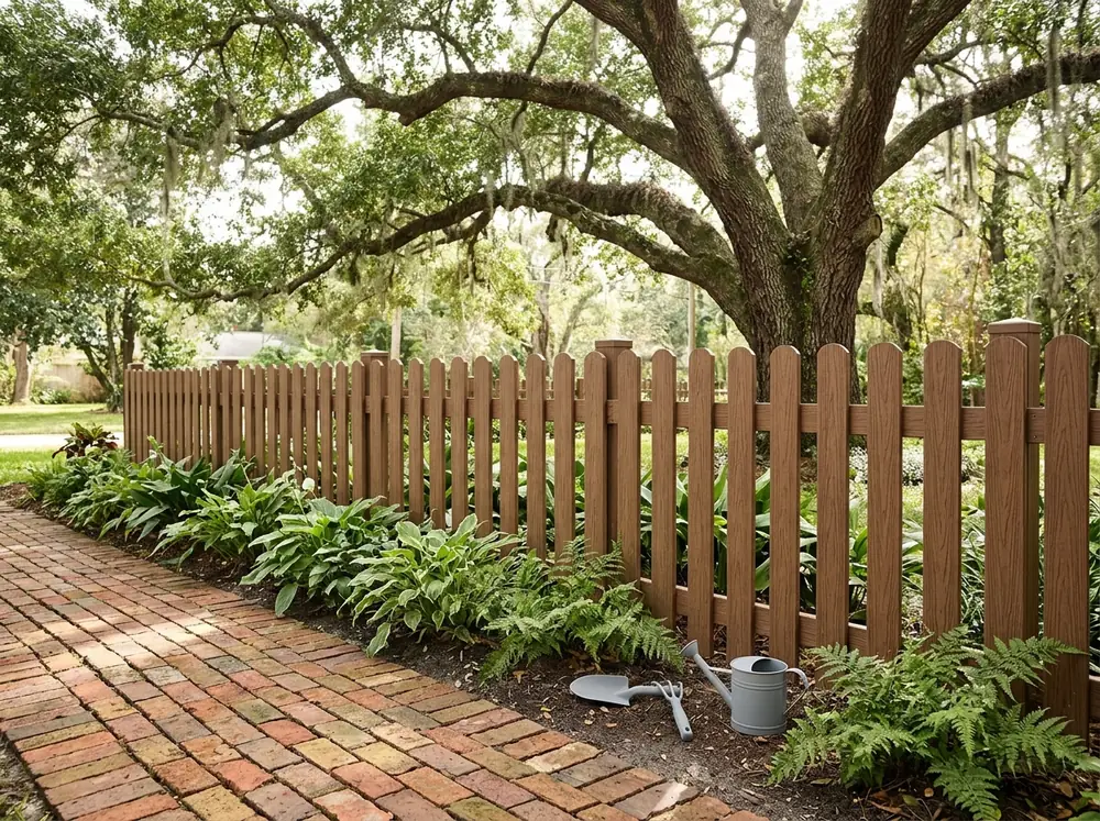 A low composite picket fence with a wood-grain finish along a front garden