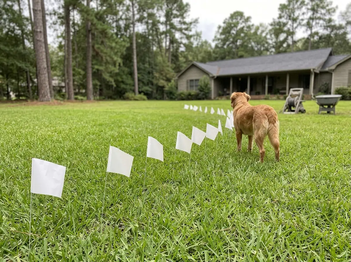 Small white training flags marking a buried pet fence boundary across an open lawn