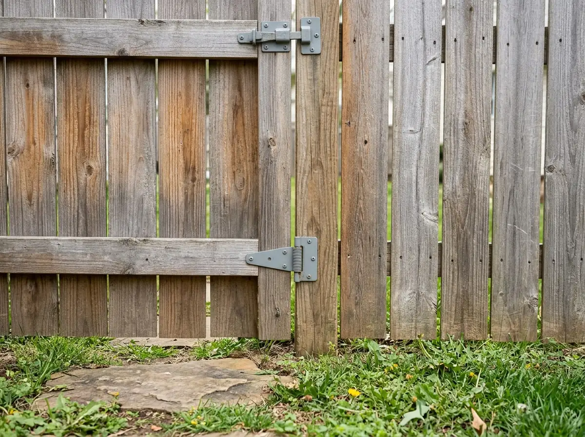 A wood fence gate with a spring hinge and a top-mounted latch out of a dog's reach