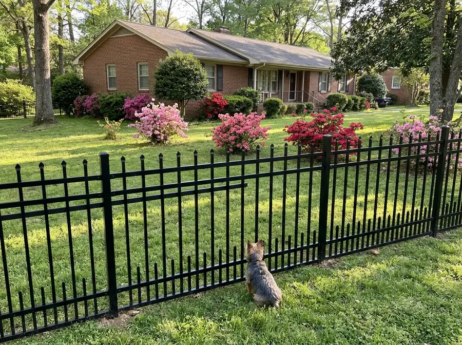 A black aluminum fence with tightly spaced lower pickets and a small dog seen from behind