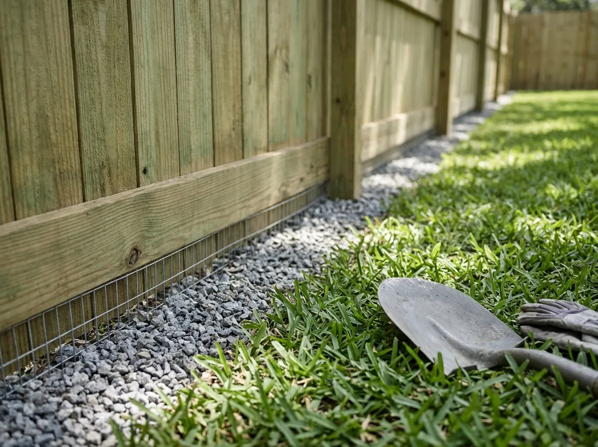 The bottom of a wood privacy fence with a gravel strip and buried wire mesh along the base