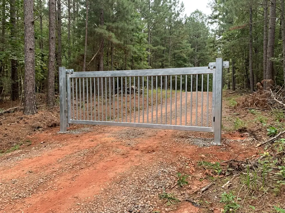 A cantilever driveway gate held on post-mounted rollers above a sloping gravel drive