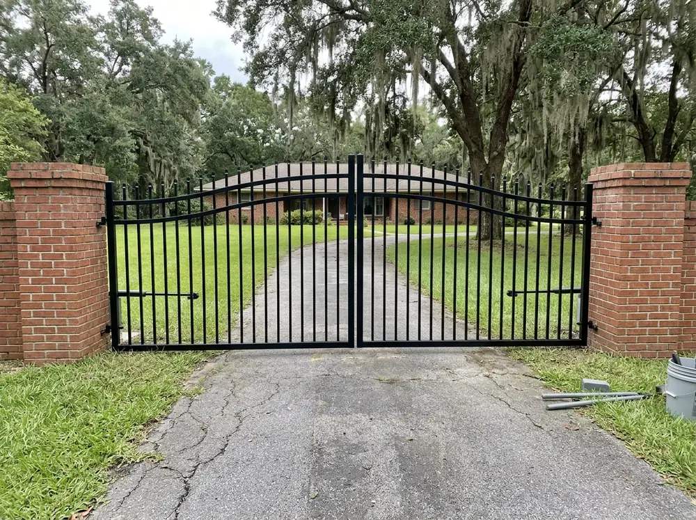 A black steel double swing driveway gate hung between brick columns at the end of a paved drive