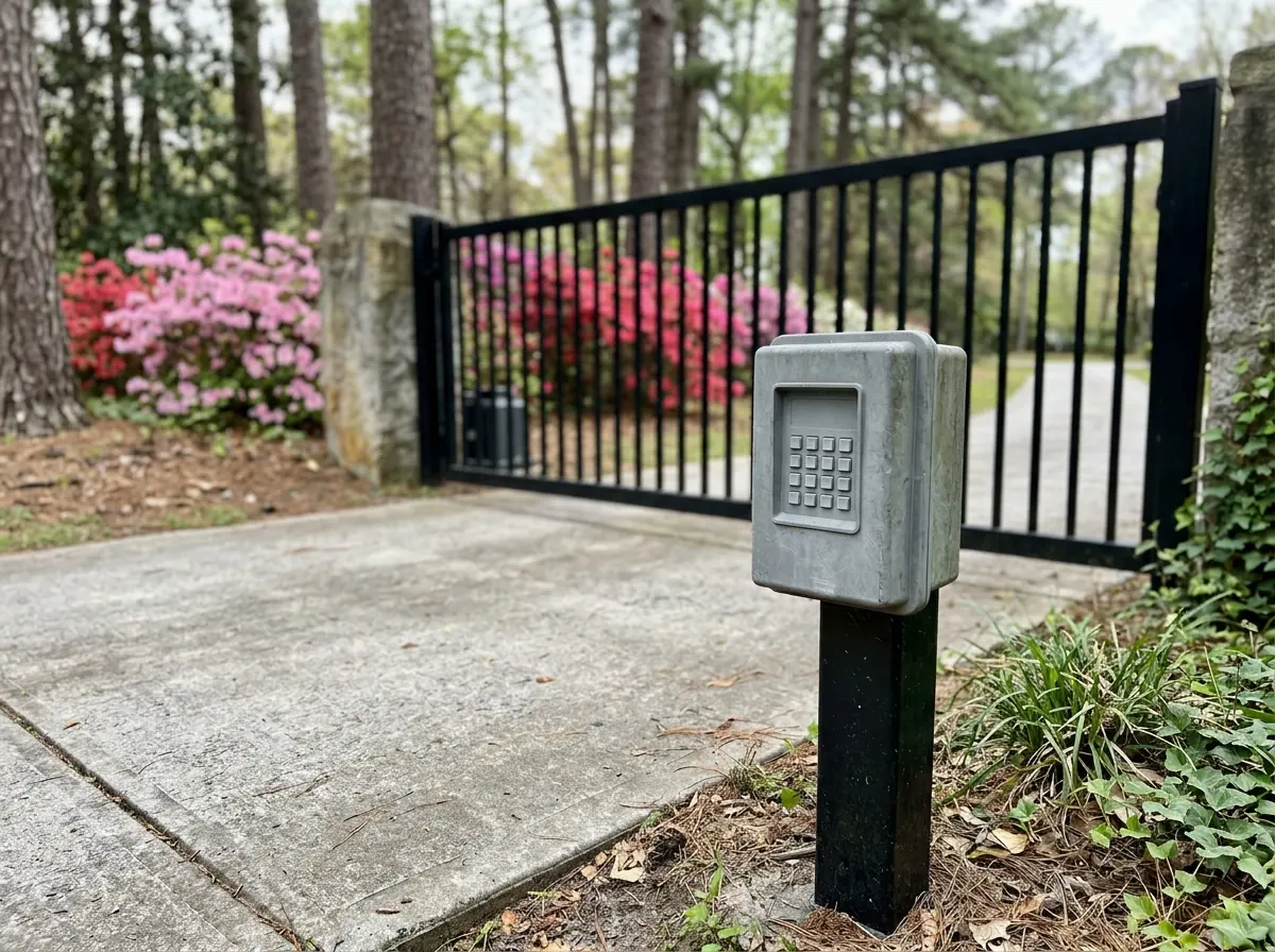 A gray keypad on a short pedestal at car-window height beside a closed driveway gate
