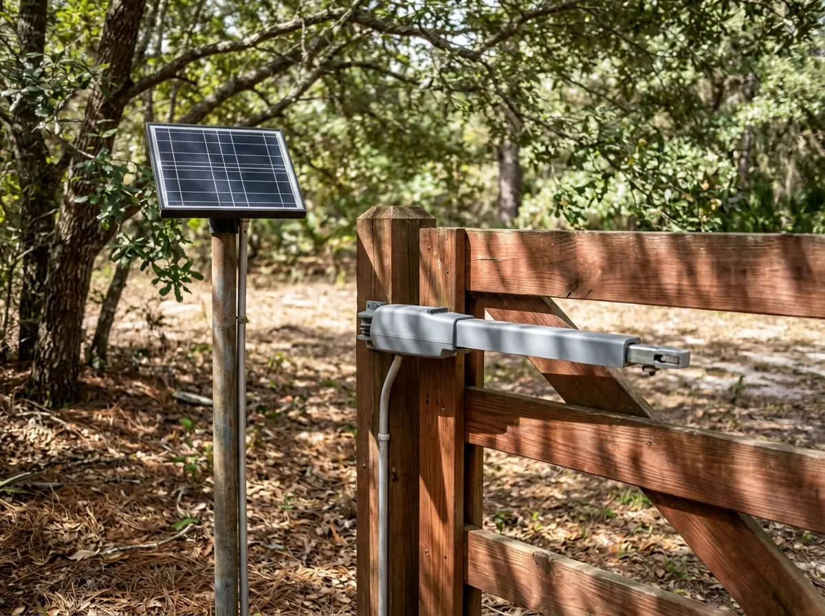 A solar panel and gray opener box mounted on a steel gate post beside a wood driveway gate