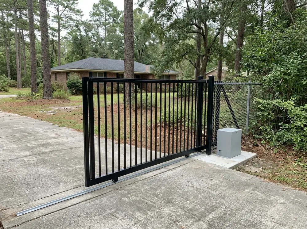 A black aluminum slide gate rolling along a ground track across a concrete driveway