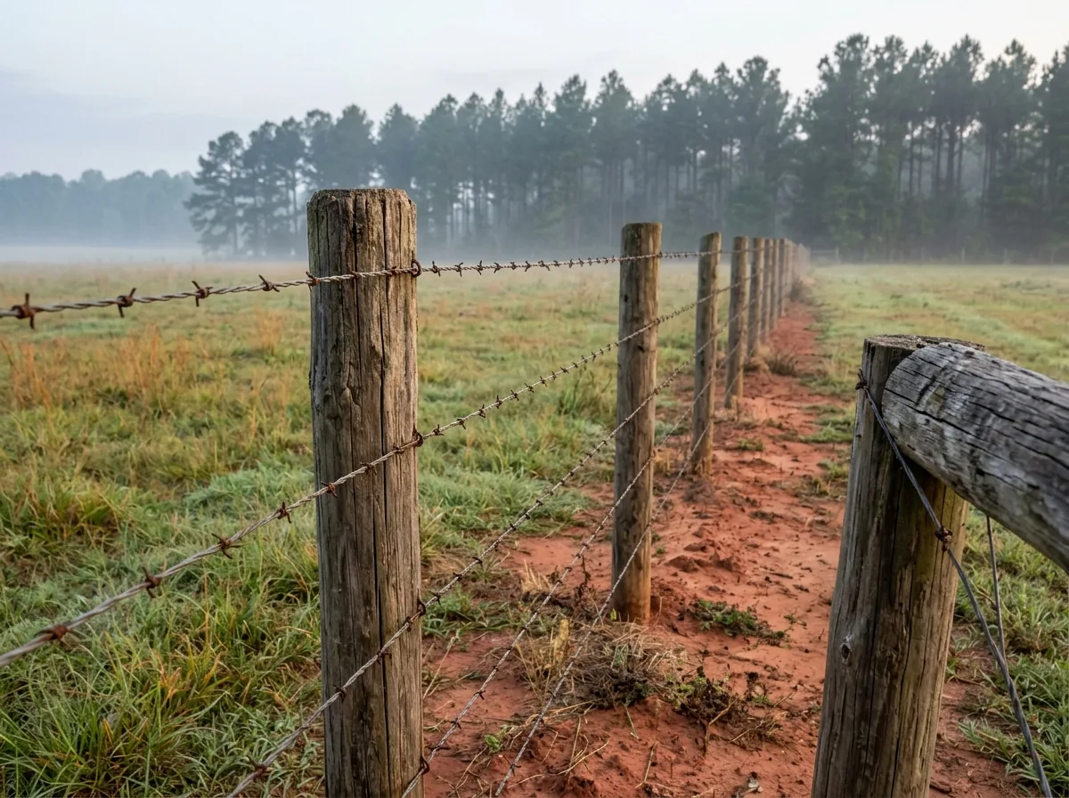 A five-strand barbed wire fence on wood posts beside a grazing field with red clay at the fence line