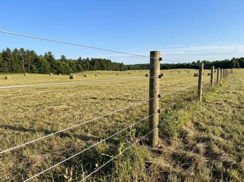 A smooth high-tensile wire fence stretched tight between treated posts across an open hay field