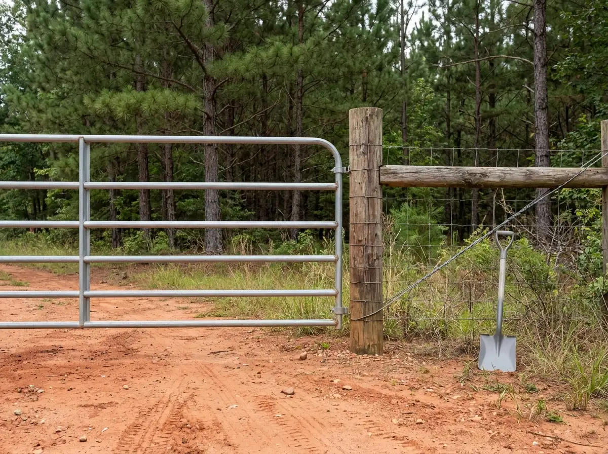 A galvanized tube farm gate hung beside a wood H-brace corner with a diagonal brace wire