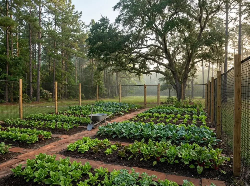 An 8 foot black mesh deer fence on tall posts around a vegetable plot at the edge of pine woods