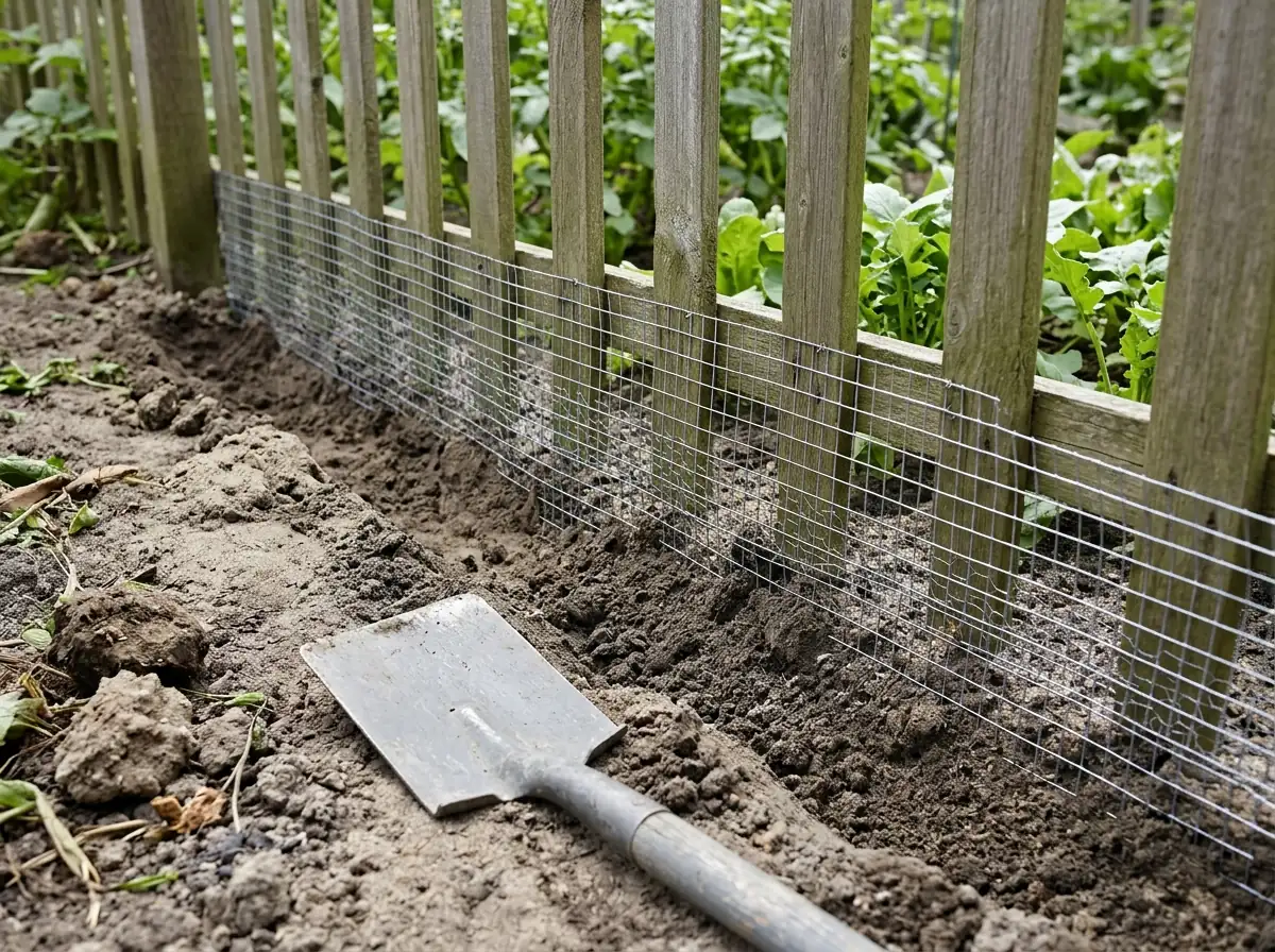Fine wire mesh along the bottom of a garden fence, turned into the soil to stop digging