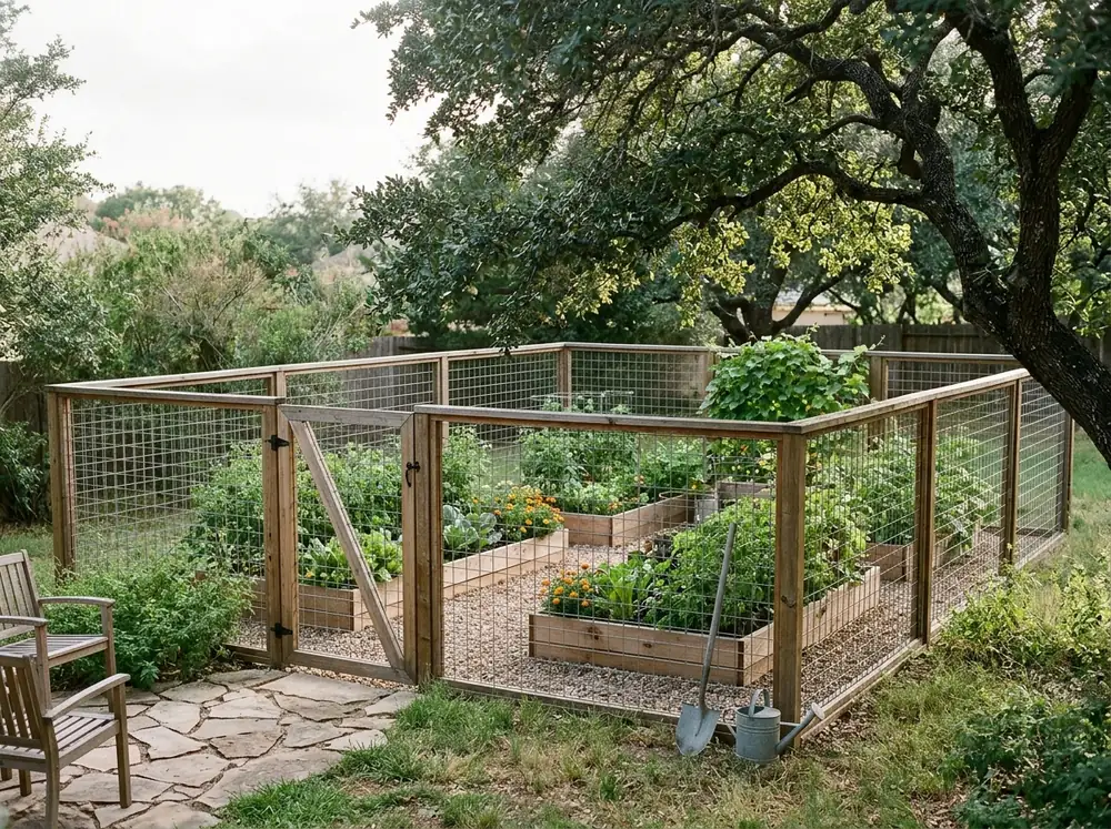 Wood-framed hog wire panels enclosing raised garden beds with a matching walk gate