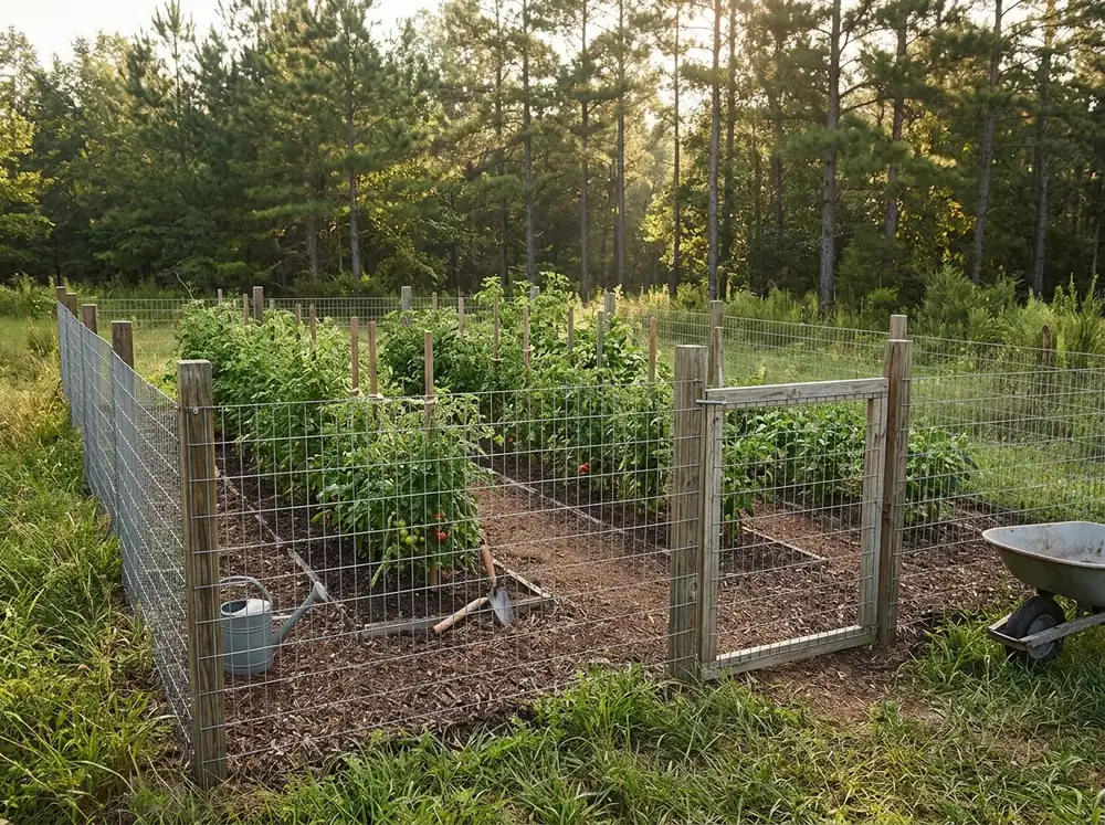 A welded wire garden fence on wood posts around rows of tomatoes and peppers