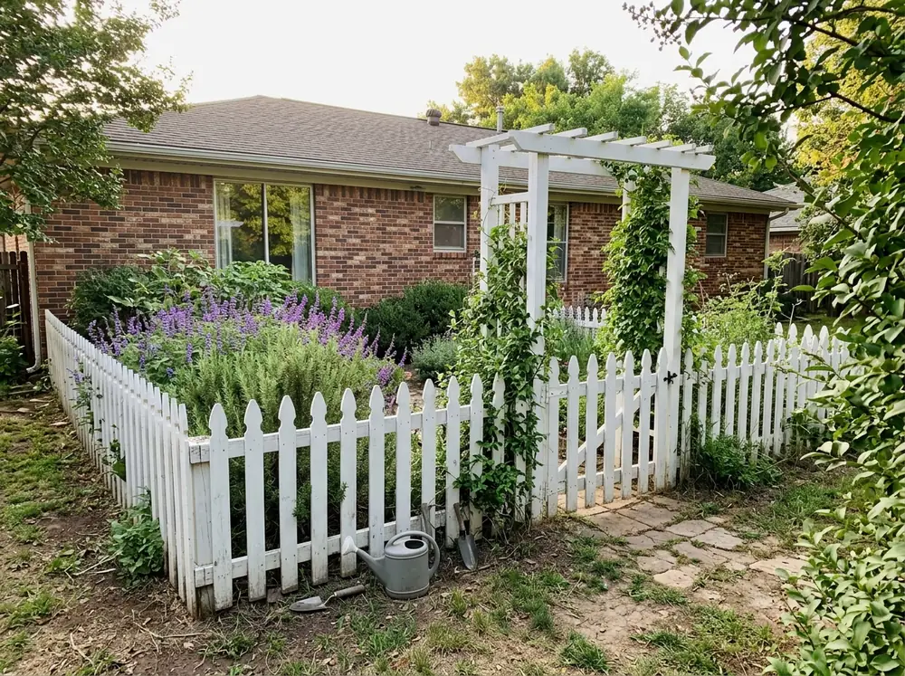A low white picket fence with an arbor gate around a backyard flower and herb garden