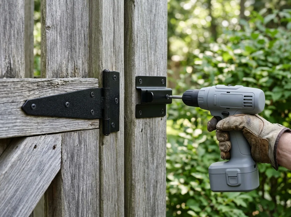 Close view of a new black strap hinge and gravity latch on a weathered pine gate