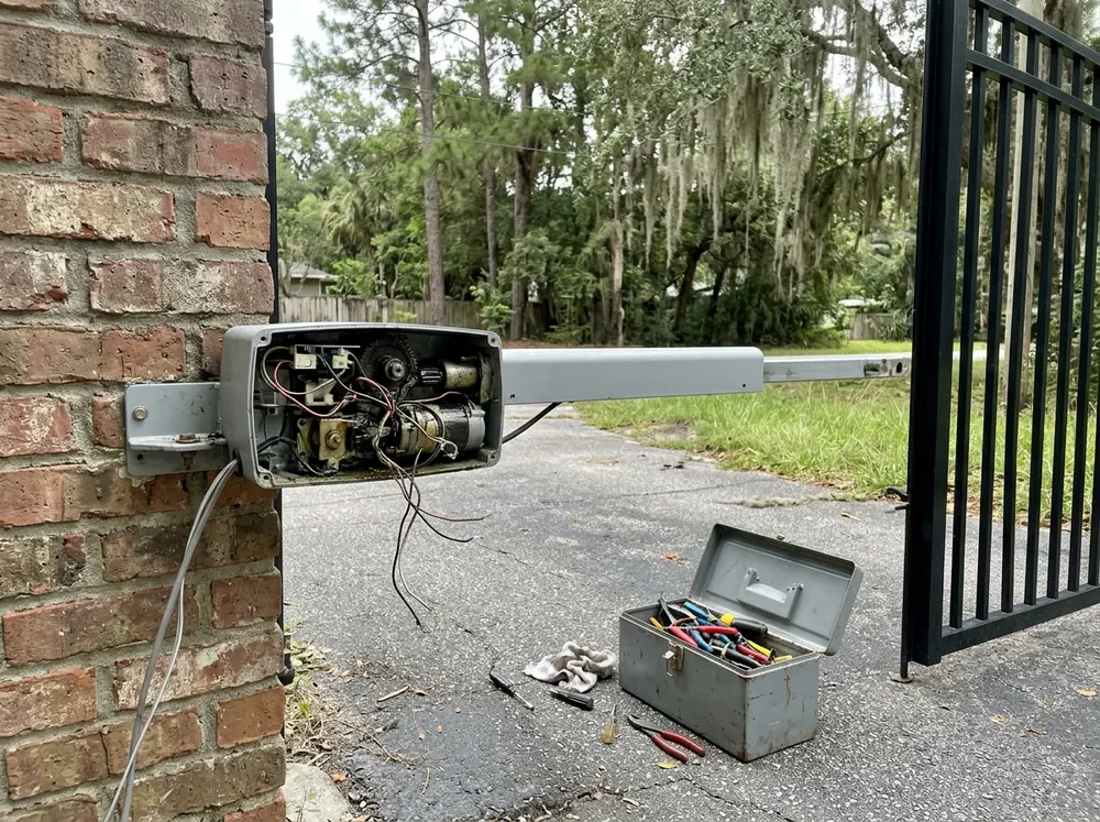A gray gate opener arm with its cover off beside a black aluminum driveway swing gate