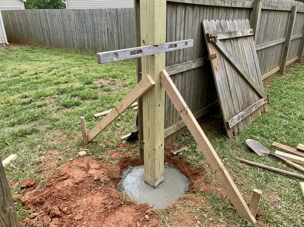 A new pressure-treated gate post braced plumb in fresh concrete beside a removed wood gate