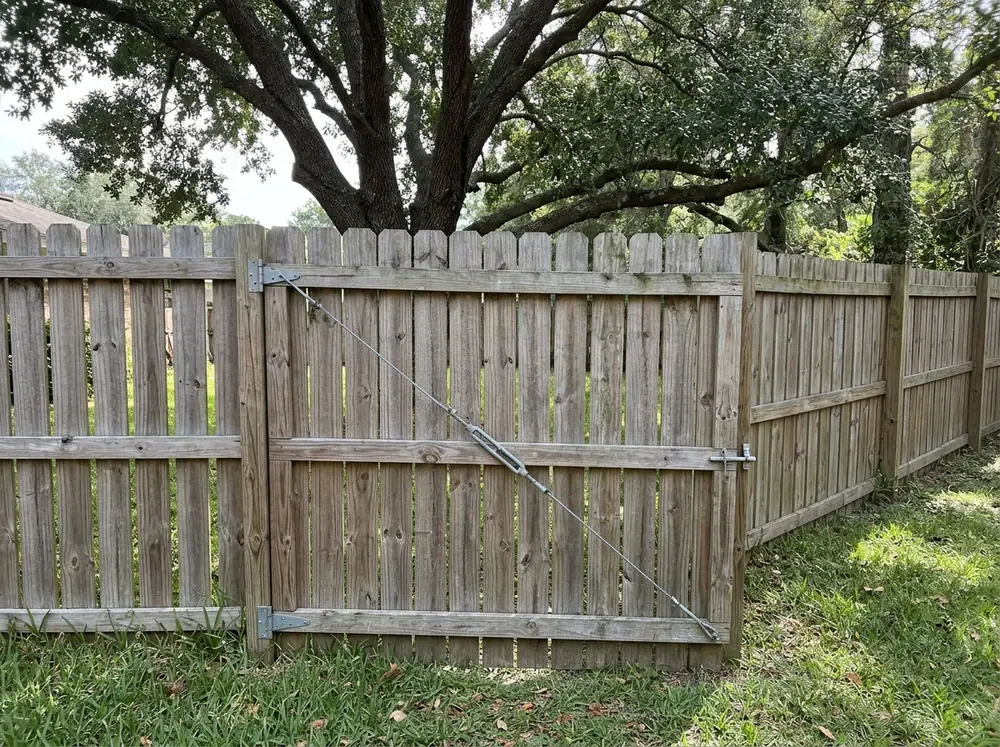 A wood fence gate with a diagonal anti-sag cable and turnbuckle pulling the latch corner back up