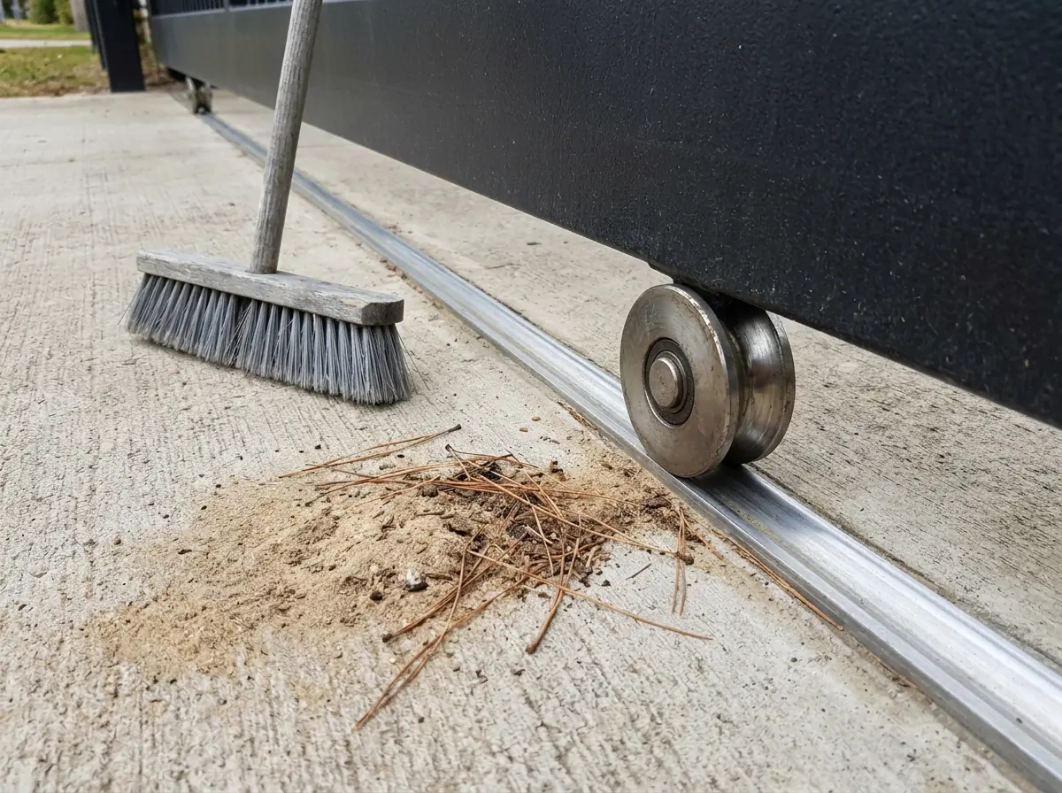 A slide gate's steel wheel and ground track cleared of sand and pine needles on a driveway