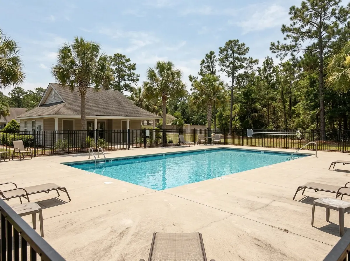 Black aluminum fence around a community clubhouse pool deck with palms and pines