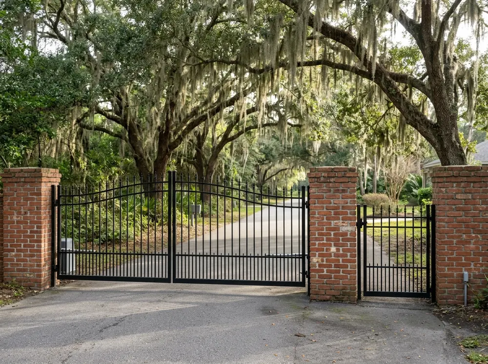 Black steel community entry gate between brick columns at a neighborhood entrance with oaks