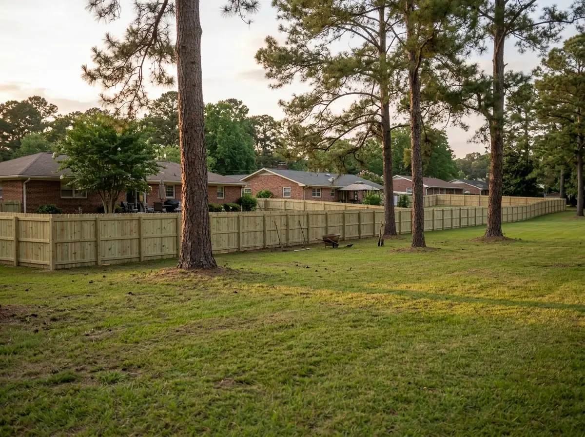 Long matching wood privacy fence along the back of a subdivision beside a mowed common area