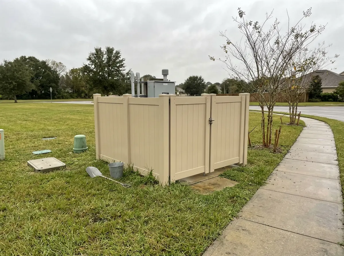 Vinyl privacy screen fence hiding a utility box and lift station at the edge of a common area