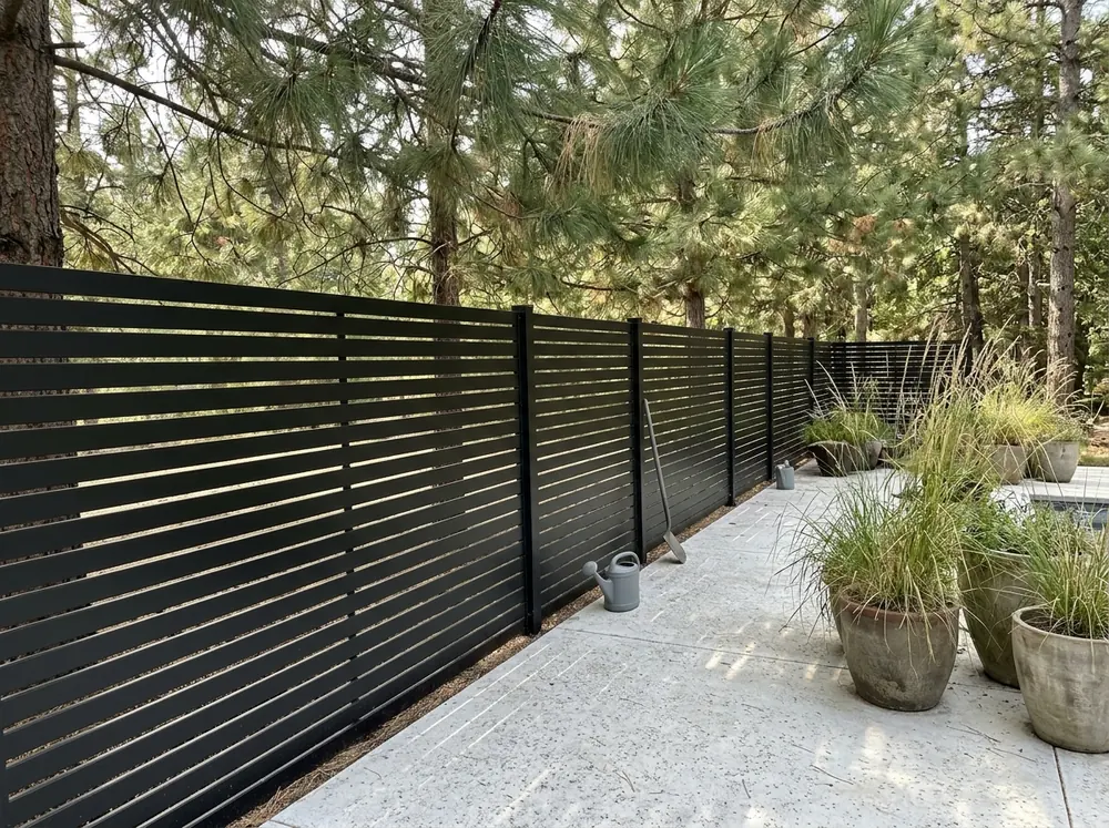 Black aluminum slat fence panels with narrow even gaps beside a concrete patio