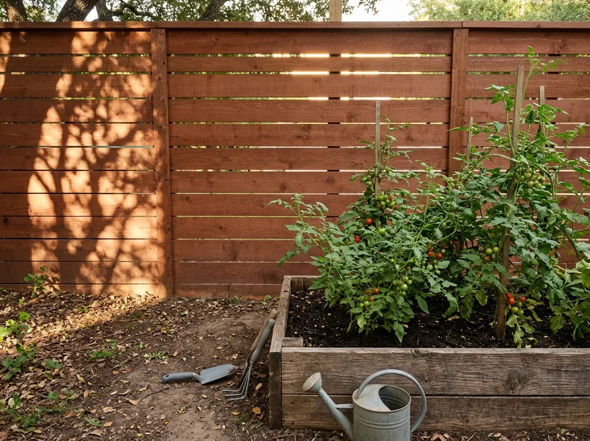 A reddish cedar fence with horizontal boards behind a raised garden bed