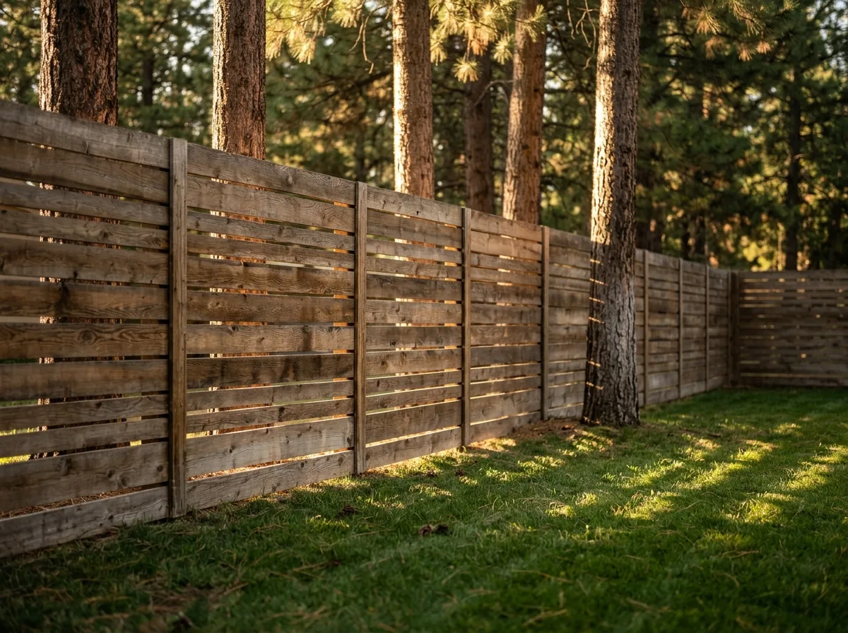 A horizontal wood fence with alternating wide and narrow boards and small gaps