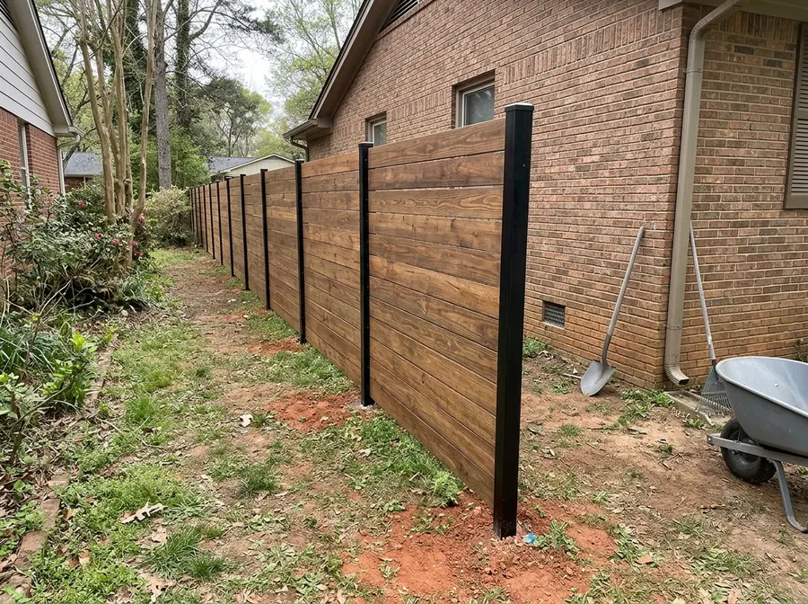 Horizontal wood boards fastened to black square steel posts along a side yard